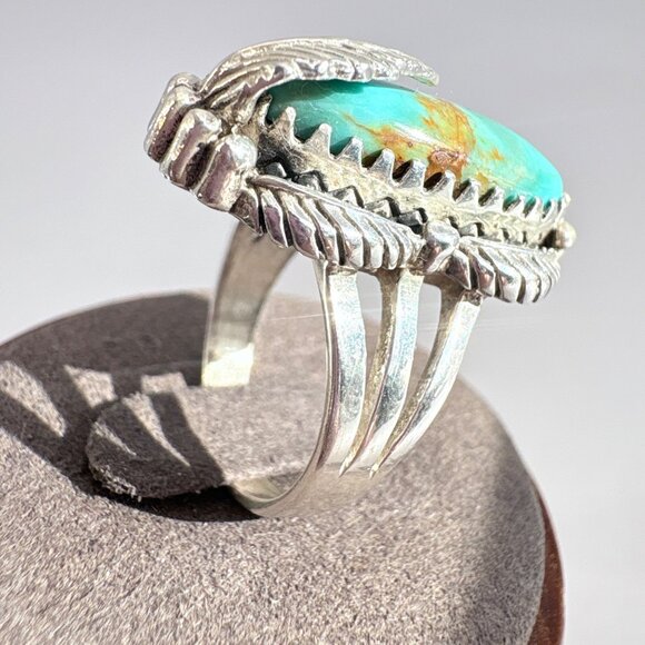 VTG Solid Sterling Silver 925 Turquoise Leaf Design Statement Ring Size 8.75 - Picture 3 of 8